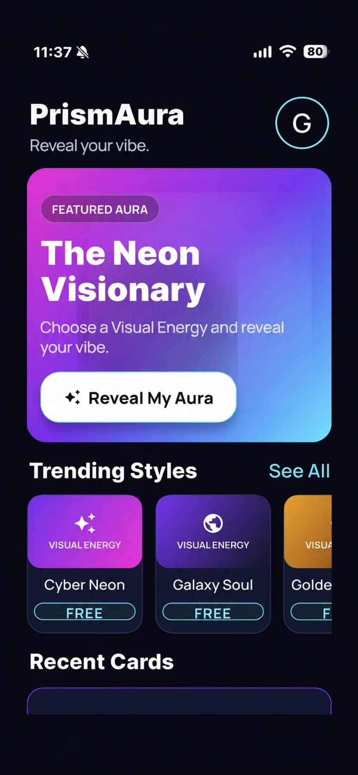 PrismAura home screen showing trending styles