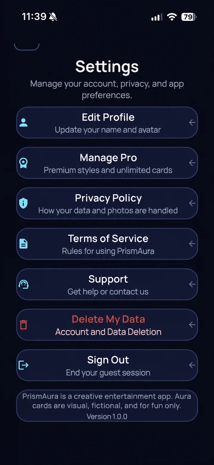 PrismAura settings screen